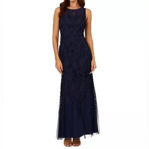 Adrianna Papell Women's Boat-Neck Sleeveless Mermaid Gown Navy Sz 16 NWT